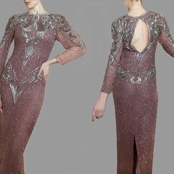 VTG 80s 90s Pink Silver Beaded Silk Long Sleeve Full Length Gown Formal Dress XS